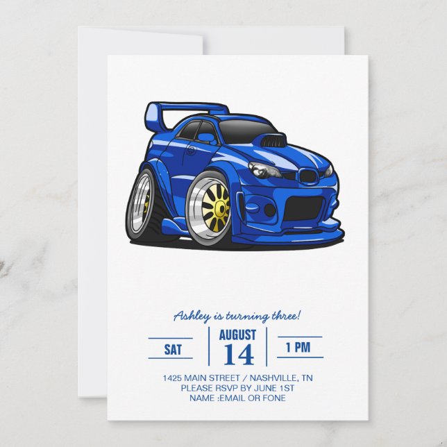 Blue muscle car speed cartoon - Choose back color Invitation (Front)