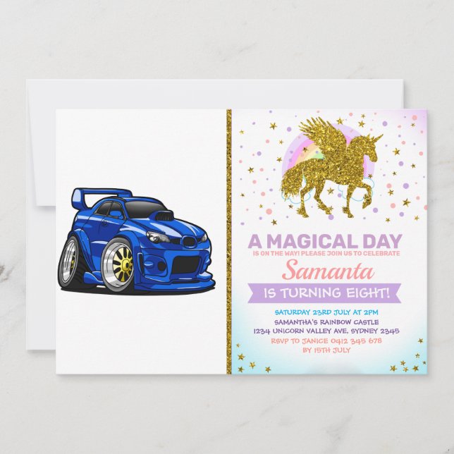 Blue muscle car speed cartoon - Choose back color Invitation (Front)