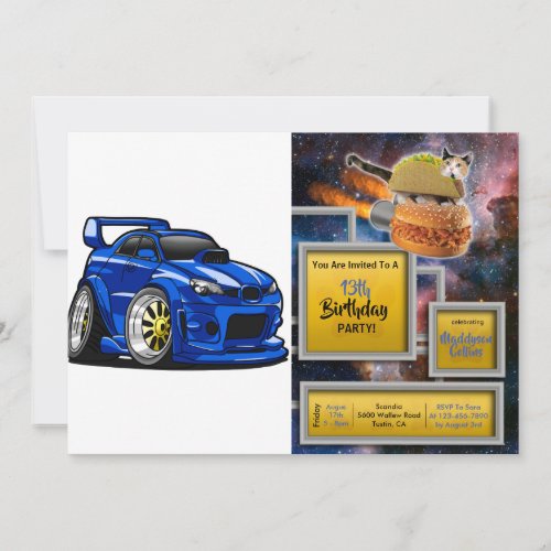 Blue muscle car speed cartoon _ Choose back color Invitation