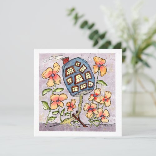 Blue Mushroom House Watercolor Greeting Card