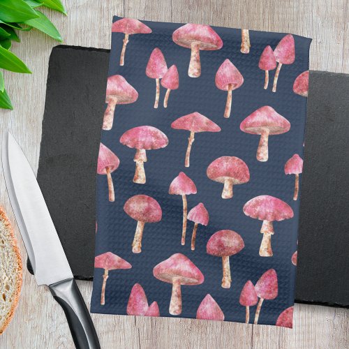 Blue Mushroom Watercolor Pattern Kitchen Towel