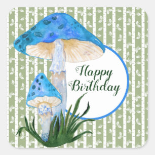 Blue Mushrooms on Aspen Birthday Square Sticker