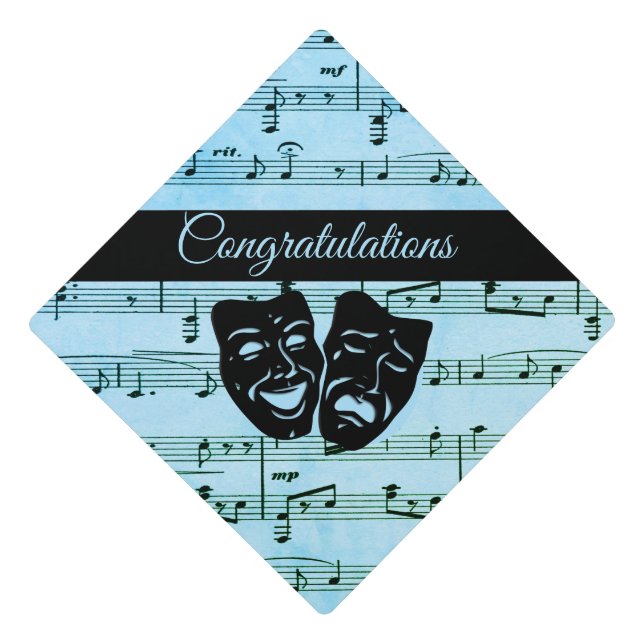 Blue Music Art Unites Theater Masks  Graduation Cap Topper (Front)