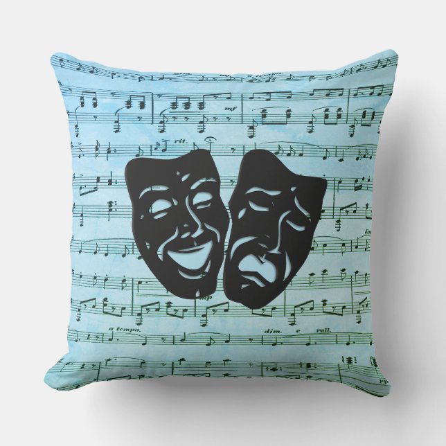 Blue Music Art Unites Theater Masks  Outdoor Pillow (Front)