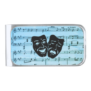 Blue Music Art Unites Theater Masks Silver Finish Money Clip