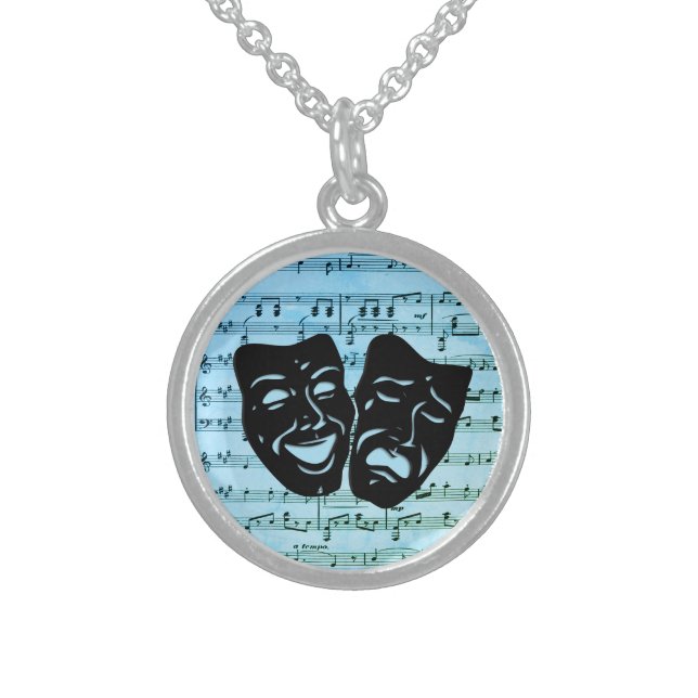 Blue Music Art Unites Theater Masks  Sterling Silver Necklace (Front)