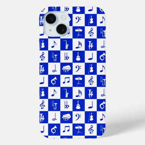 Blue Music Notes and Instruments iPhone 15 Plus Case