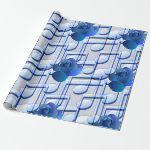Blue Music Notes Blue Rose Wrapping Paper