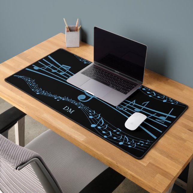Blue Music Notes on Black Monogram Desk Mat (Office 2)