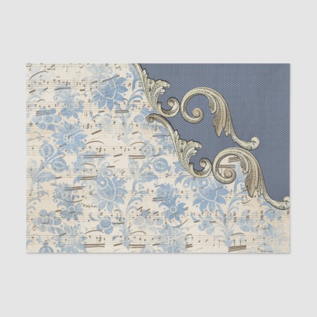 Blue Music Notes Ornate Decoupage Tissue Paper (Front)