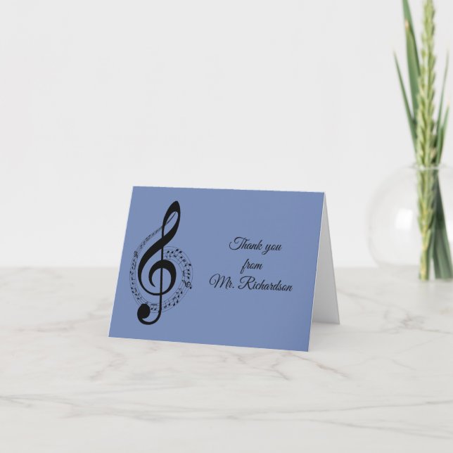 Blue Music Personalized Thank You (blank inside) Card (Front)
