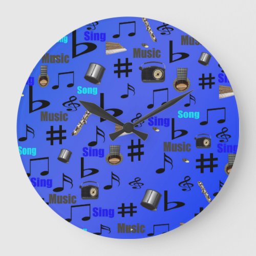 Blue Musical Notes And Instruments Large Clock