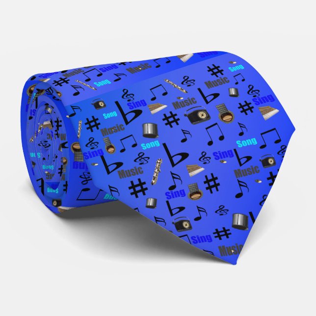 Blue Musical Notes And Instruments, Neck Tie (Rolled)