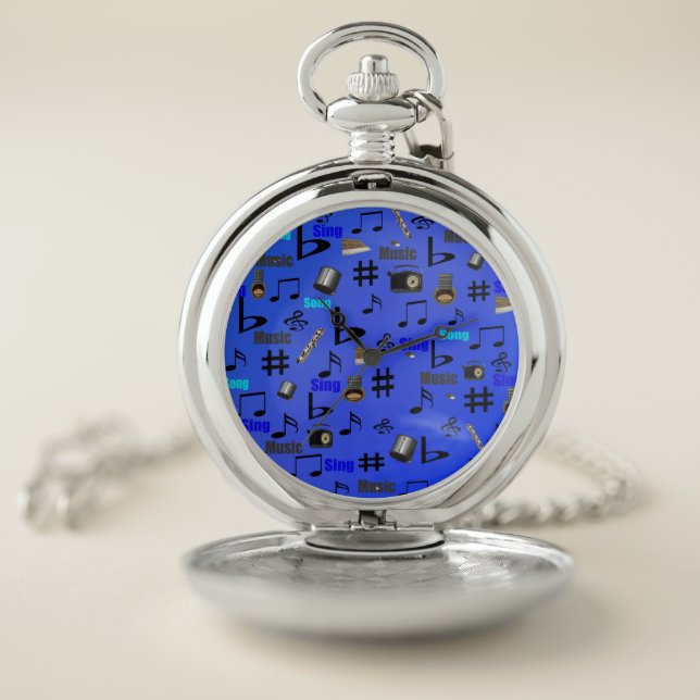Blue Musical Notes And Instruments, Pocket Watch (Inside)