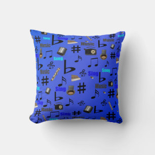 Blue Musical Notes And Instruments, Throw Pillow