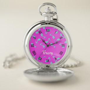 Blue musical notes on pink pocket watch