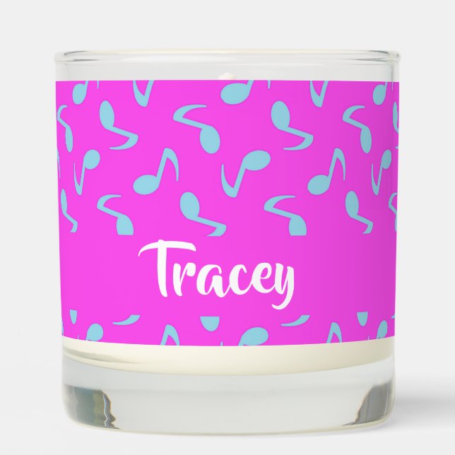 Blue musical notes on pink scented candle (Front)