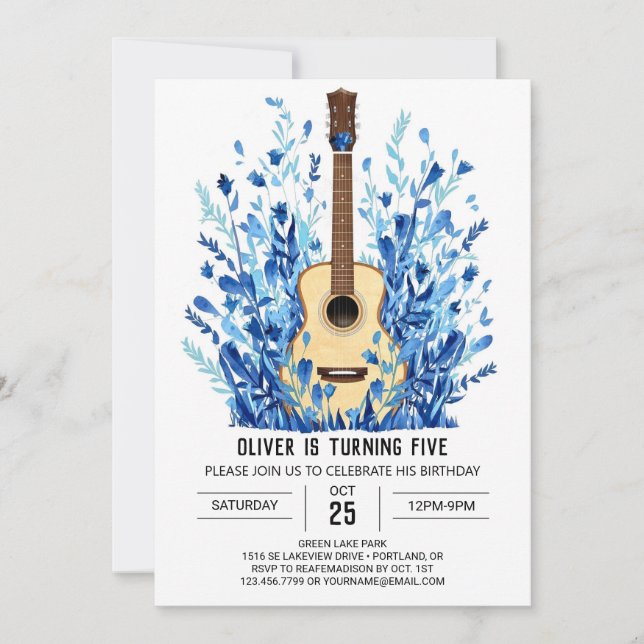 Blue Musician's Guitar Boy Birthday Invitation (Front)