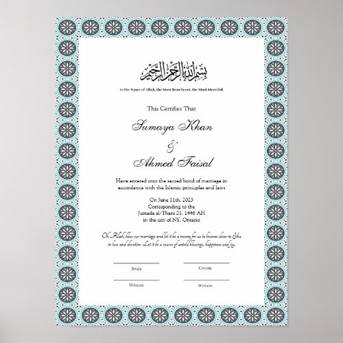 blue muslim nikkah certificate  poster