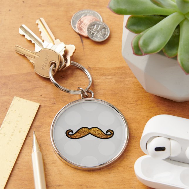Blue Mustache, Curl Mustache, Stache, Polka Dots Keychain (Desk)