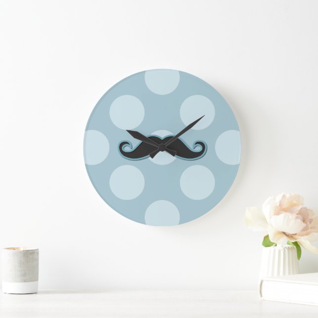 Blue Mustache, Curl Mustache, Stache, Polka Dots Large Clock (Home)