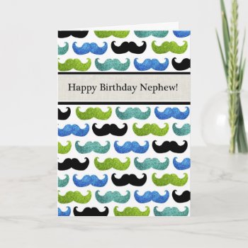 Blue Mustache Pattern - Happy Birthday Nephew Card by PeachyPrints at Zazzle