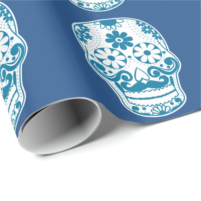 Blue Mustache Sugar Skull Wrapping Paper (Roll Corner)