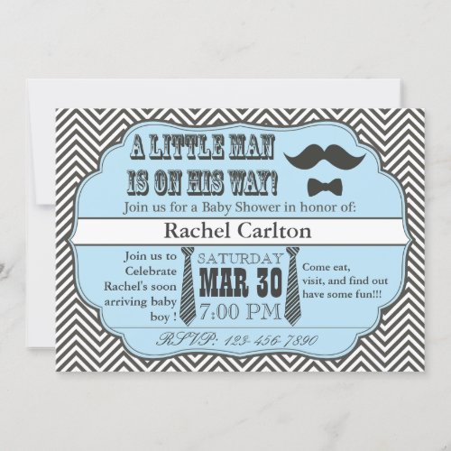 Blue Mustache &amp; Tie Baby Shower Invitations