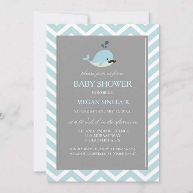 Blue Mustache Whale Boy Baby Shower Invitation (Front)