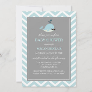 Blue Mustache Whale Boy Baby Shower Invitation