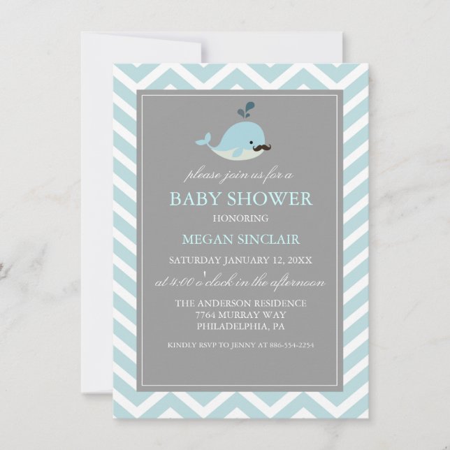 Blue Mustache Whale Boy Baby Shower Invitation (Front)