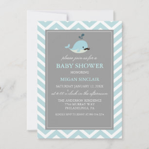 Blue Mustache Whale Boy Baby Shower Invitation