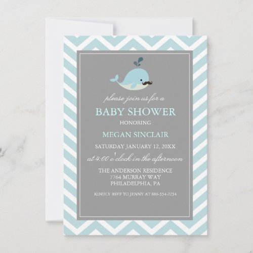 Blue Mustache Whale Boy Baby Shower Invitation