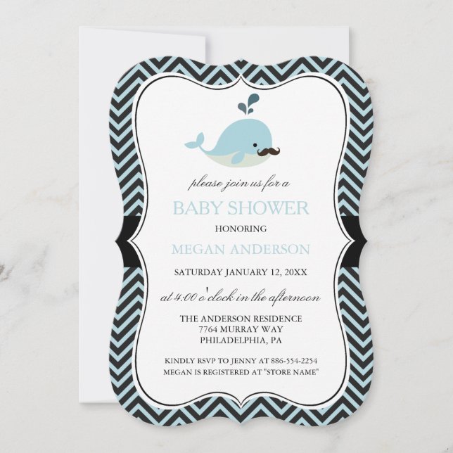 Blue Mustache Whale Chevron Boy Baby Shower Invitation (Front)
