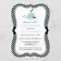 Blue Mustache Whale Chevron Boy Baby Shower Invitation