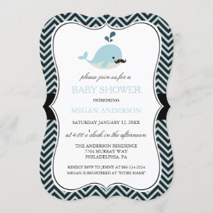 Blue Mustache Whale Chevron Boy Baby Shower Invitation
