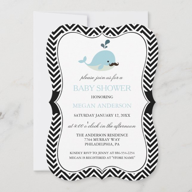 Blue Mustache Whale Chevron Boy Baby Shower Invitation (Front)