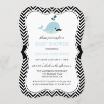 Blue Mustache Whale Chevron Boy Baby Shower Invitation