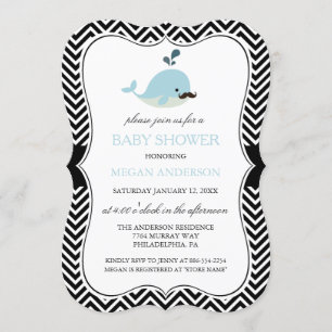 Blue Mustache Whale Chevron Boy Baby Shower Invitation