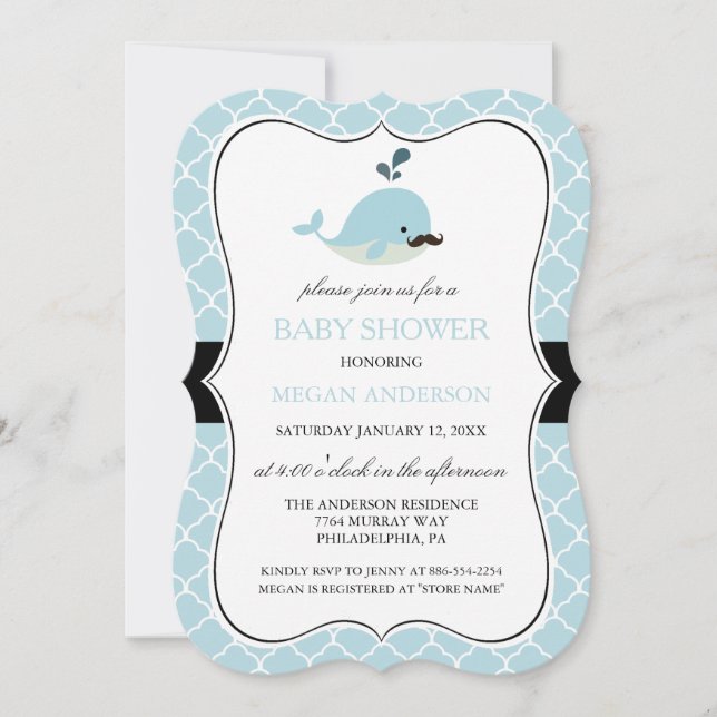 Blue Mustache Whale Cute Boy Baby Shower Invitation (Front)