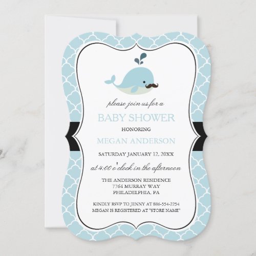Blue Mustache Whale Cute Boy Baby Shower Invitation