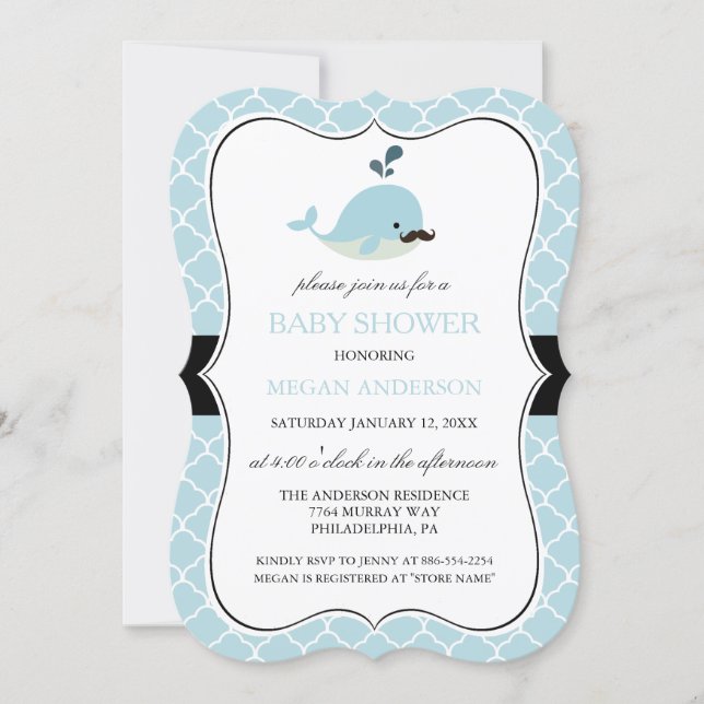 Blue Mustache Whale Cute Boy Baby Shower Invitation (Front)