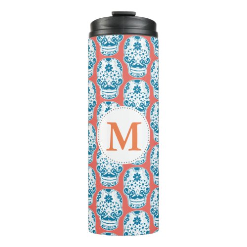 Blue Mustached Sugar Skull Monogram Thermal Tumbler