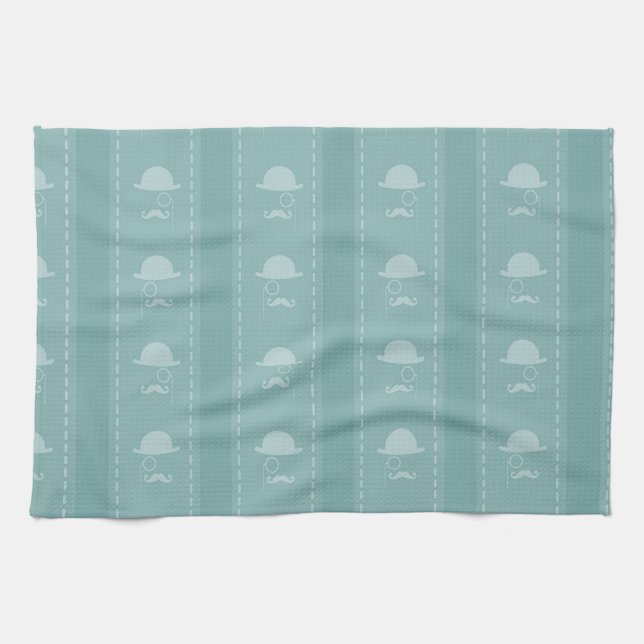 Blue Mustaches and Hats Kitchen Towel (Horizontal)