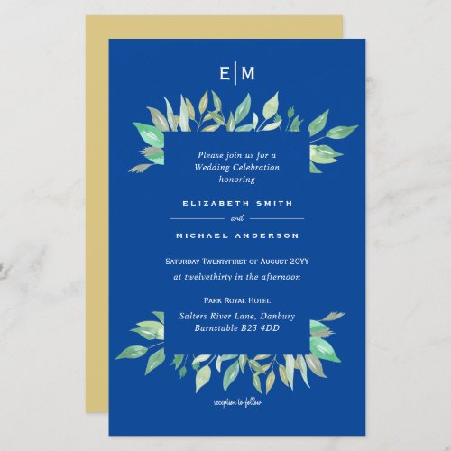 Blue Mustard Green Floral Budget Wedding Invite A9