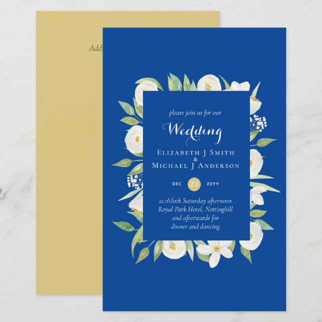 Blue Mustard Green Floral Budget Wedding Invite A9 (Front/Back)