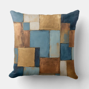 Blue, muted-copper, gold patchwork throw pillow