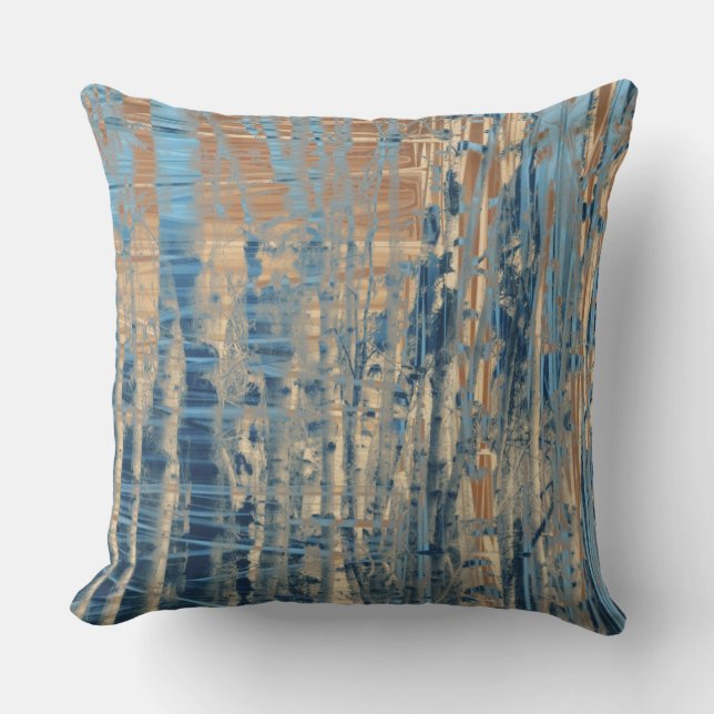 Blue Muted Orange Yellow Streaked Birch Trees Outdoor Pillow (Front)