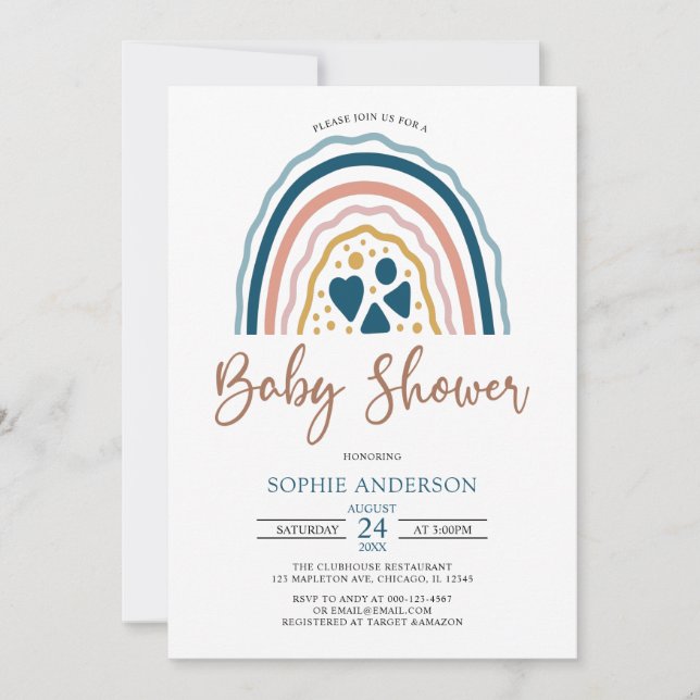 Blue Muted Tones Boho Rainbow Baby Shower Invitation (Front)