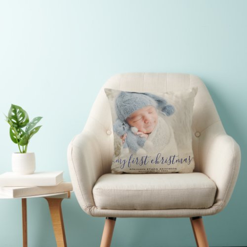Blue My First Christmas Baby Photo Throw Pillow